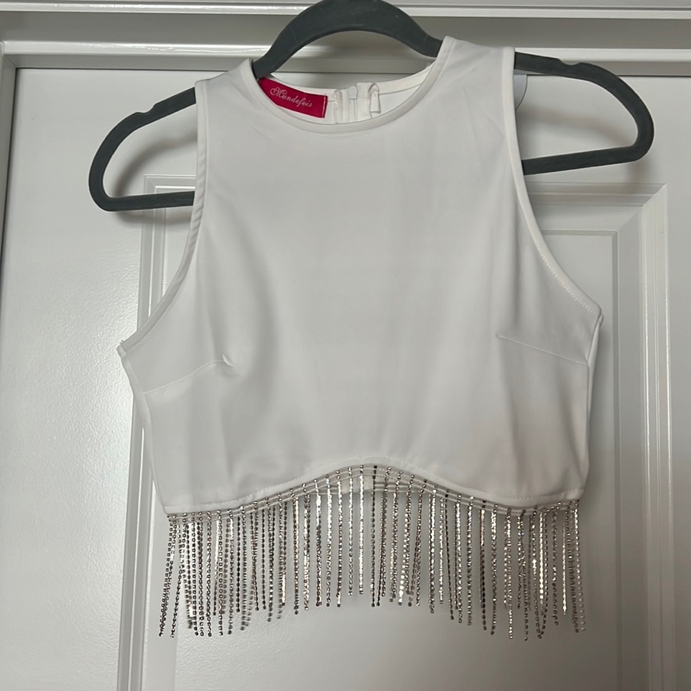 WHITE RHINESTONE TASSEL TANK